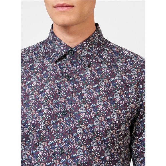 NWT-Ben‎ Sherman Men's Floral Plum Button-Up Shirt- Size Small - Picture 1 of 10